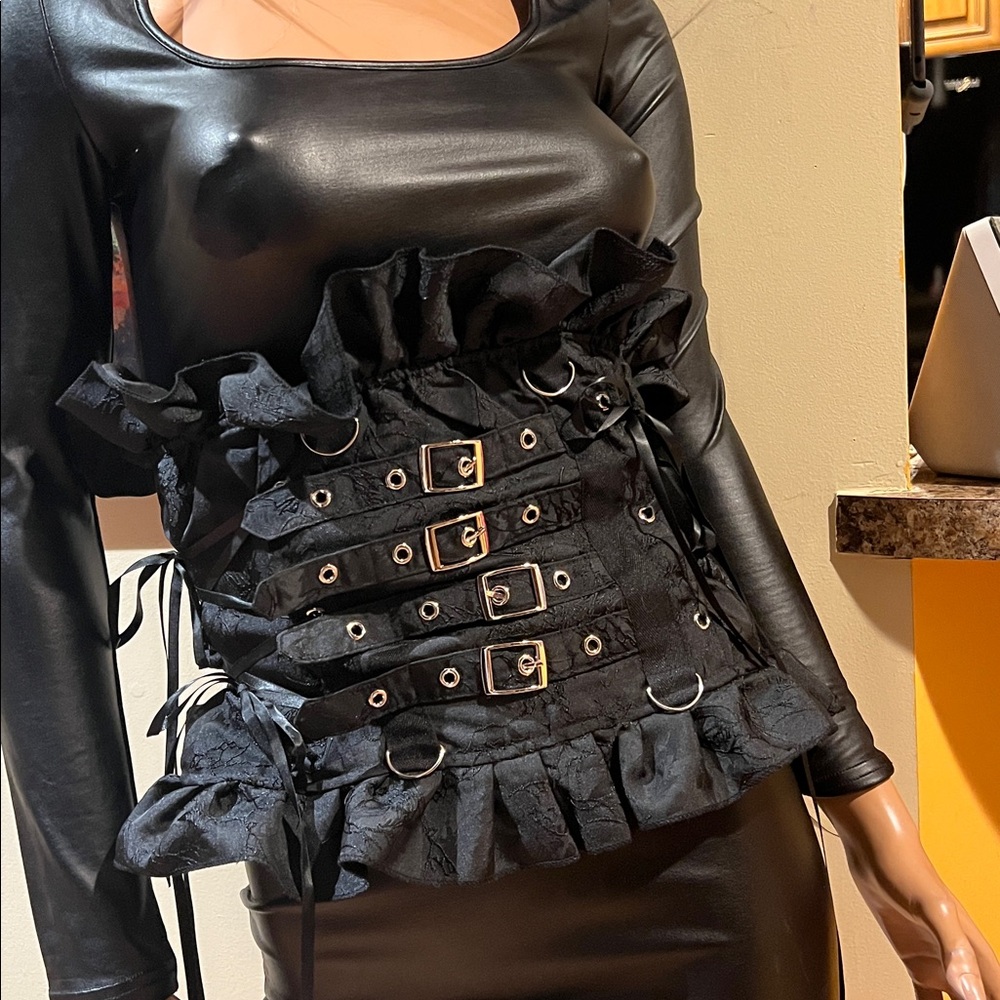 Goth gothic Black Buckle ribbon S Corset Top nwt